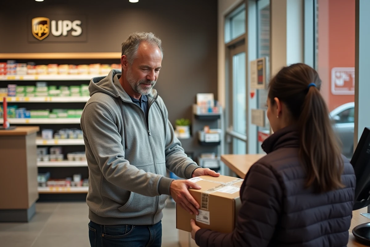 Client déposant un colis dans un point relais UPS en France pour un particulier