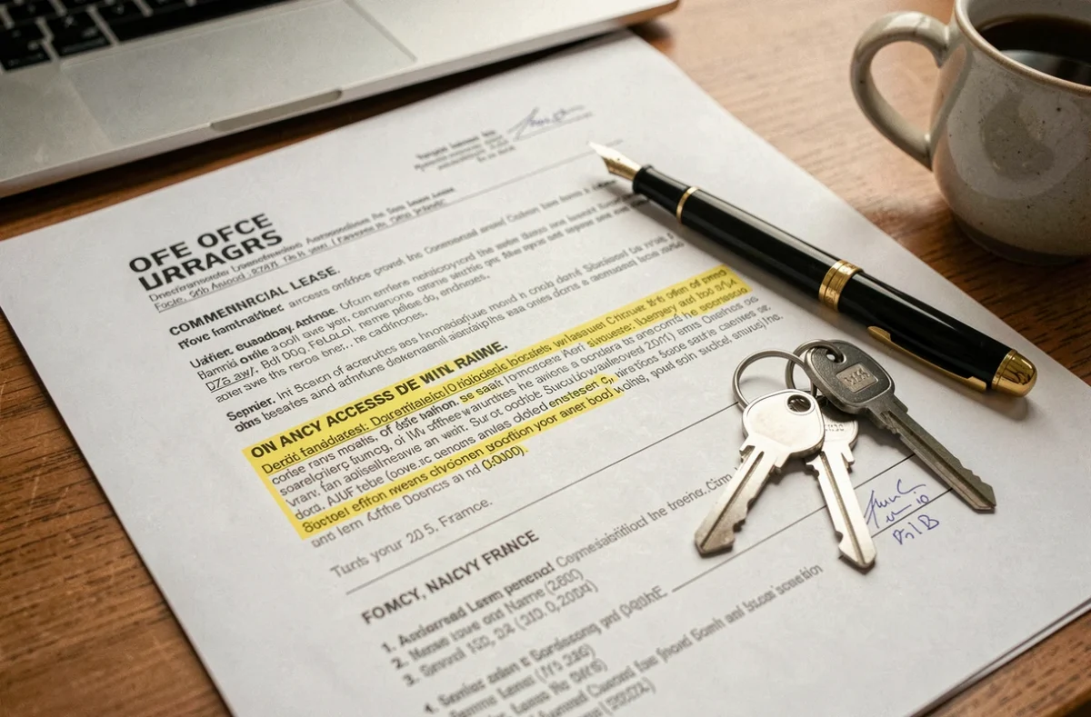 Gros plan sur un contrat de location de bureau avec des clés et un stylo à Nancy