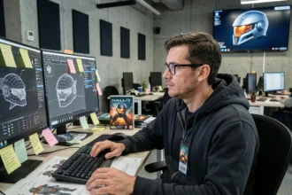 Développeur de jeux vidéo chez Halo Studios travaillant sur des modèles 3D dans un open space moderne, illustrant la transformation de 343 Industries en 2026