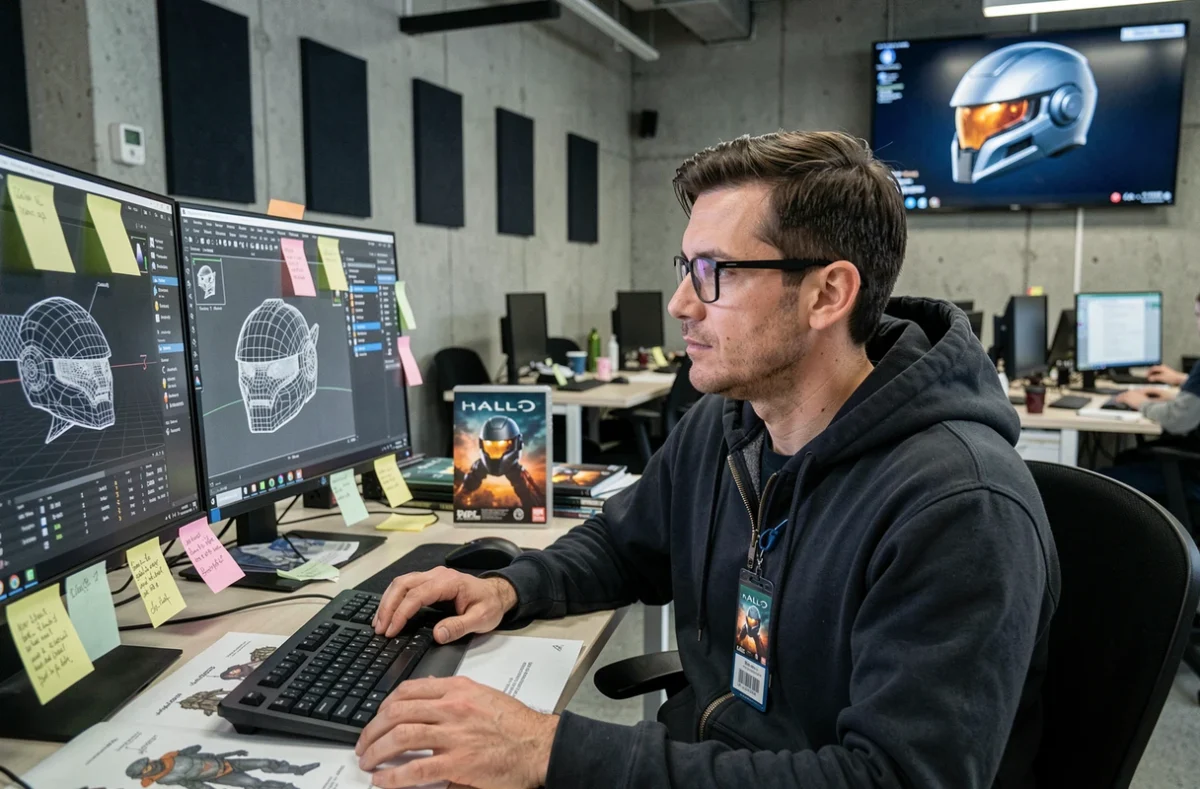 Développeur de jeux vidéo chez Halo Studios travaillant sur des modèles 3D dans un open space moderne, illustrant la transformation de 343 Industries en 2026