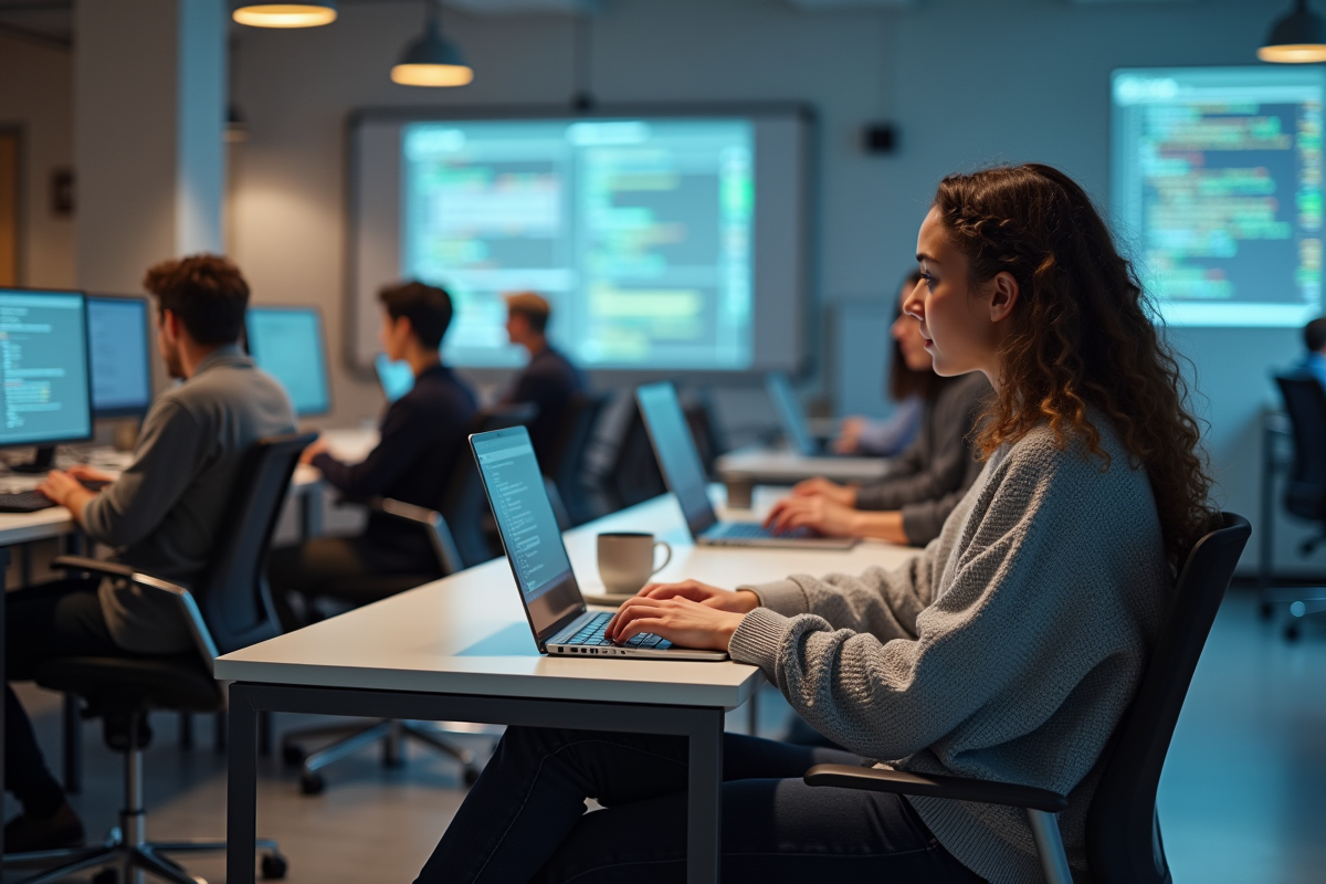 Jeune femme développeuse code dans espace de coworking
