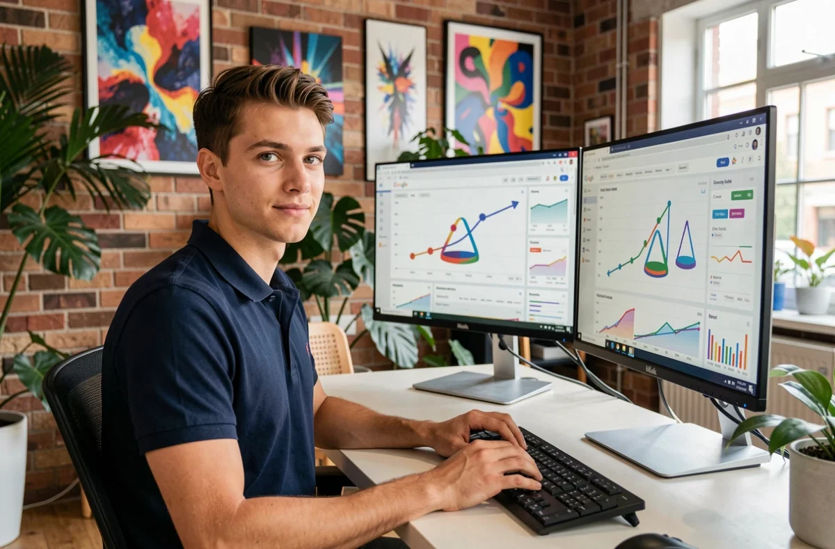 Spécialiste en marketing digital de l'agence Digital Swing travaillant sur des campagnes Google Ads dans un studio créatif