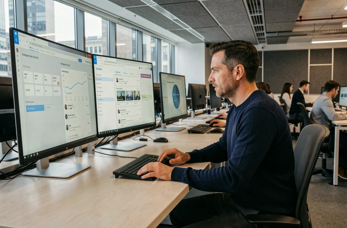 Directeur créatif d'agence digitale analysant des métriques de campagne et avis clients sur double écran