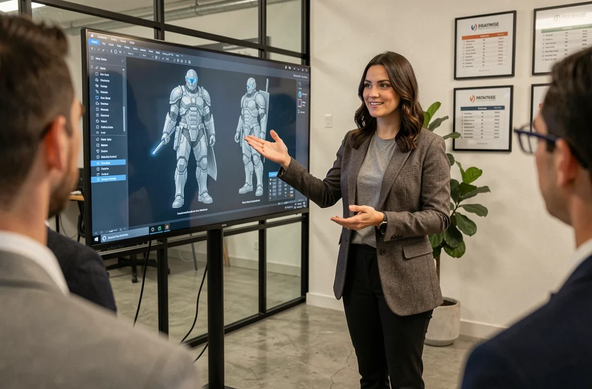 Directrice artistique présentant des concepts de design de personnages Halo à son équipe dans un studio de développement moderne, illustrant les nouvelles orientations créatives de Halo Studios en 2026