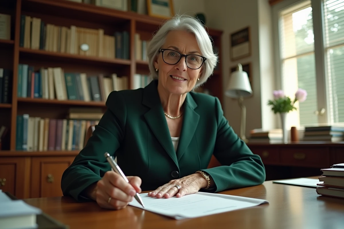 Directrice d'école annotant une fiche de paie dans son bureau avec attention