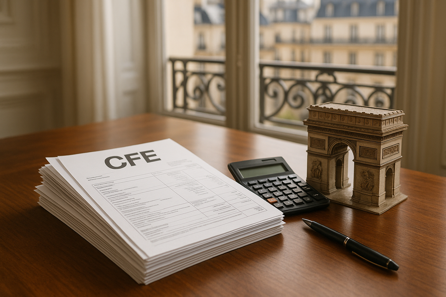 Papiers officiels une calculatrice et un stylo avec une maquette de l Arc de Triomphe