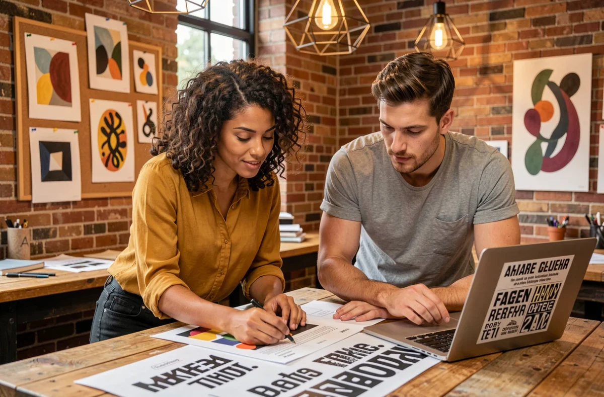 Deux créatifs de l'agence DOUZE ONZE collaborant sur des maquettes de sites web