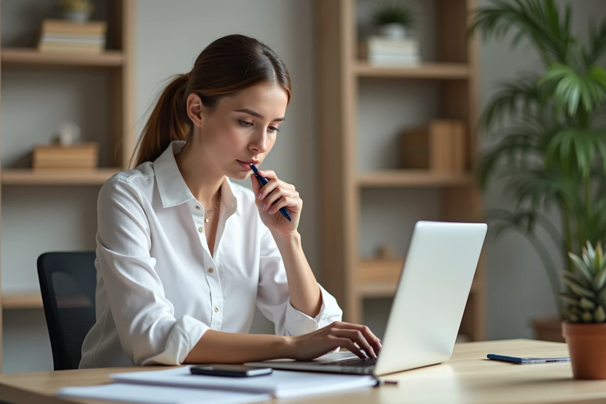 Femme consultant un document juridique à son bureau à domicile pour comprendre les règles légales d'enregistrement de conversations professionnelles