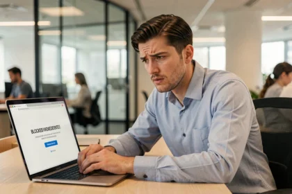Employé de bureau frustré face à un site web bloqué sur son ordinateur portable au travail