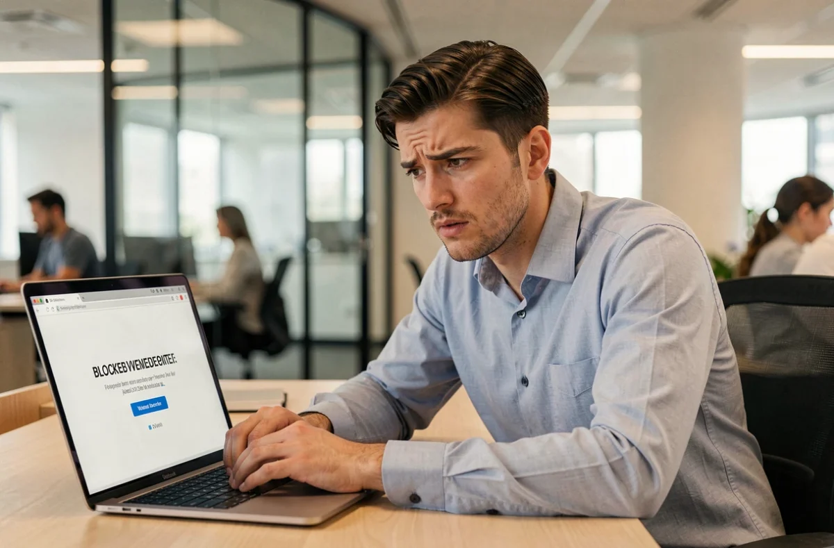 Employé de bureau frustré face à un site web bloqué sur son ordinateur portable au travail