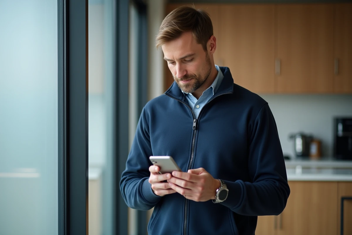 Employé Chronopost consultant son espace CSE en toute sécurité sur mobile dans la salle de pause