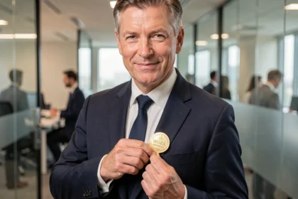 Employé senior épinglant sa médaille du travail en or sur son costume dans un bureau moderne