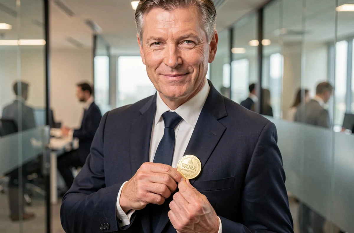 Employé senior épinglant sa médaille du travail en or sur son costume dans un bureau moderne