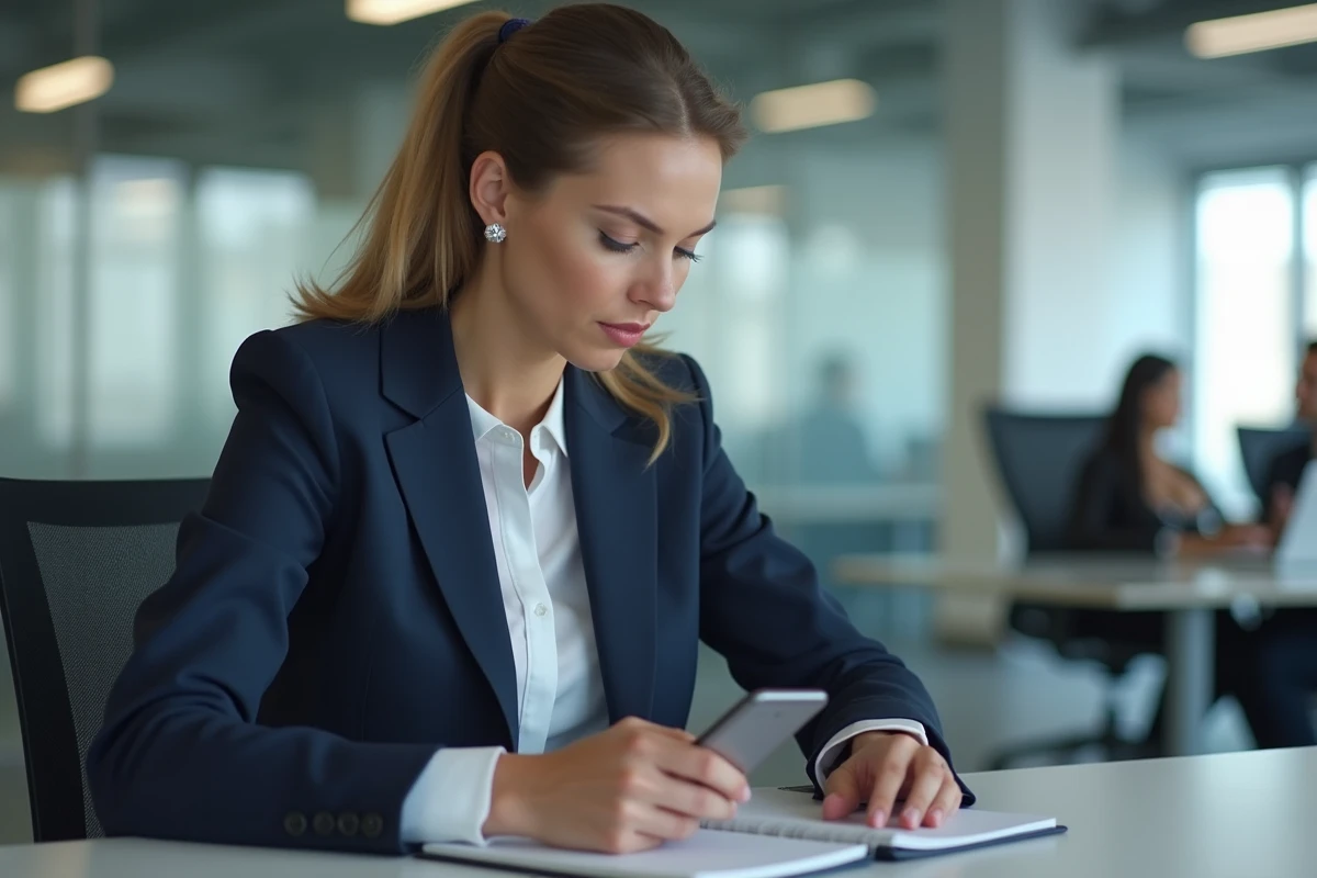 Femme professionnelle en réunion de bureau gérant discrètement l'enregistrement d'une conversation professionnelle avec son smartphone