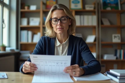 Professeure planifiant la paie dans une école française