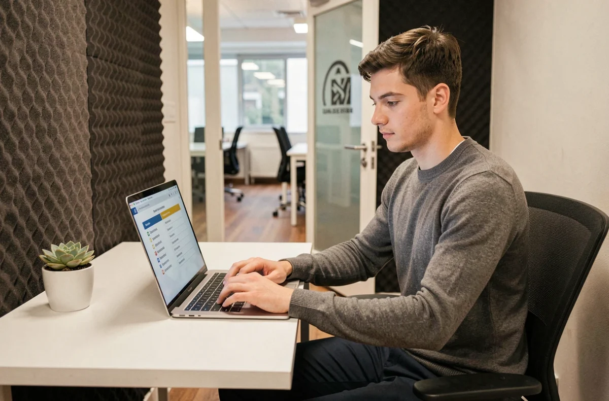 Jeune entrepreneur comparant des critères de sociétés de domiciliation sur son ordinateur portable