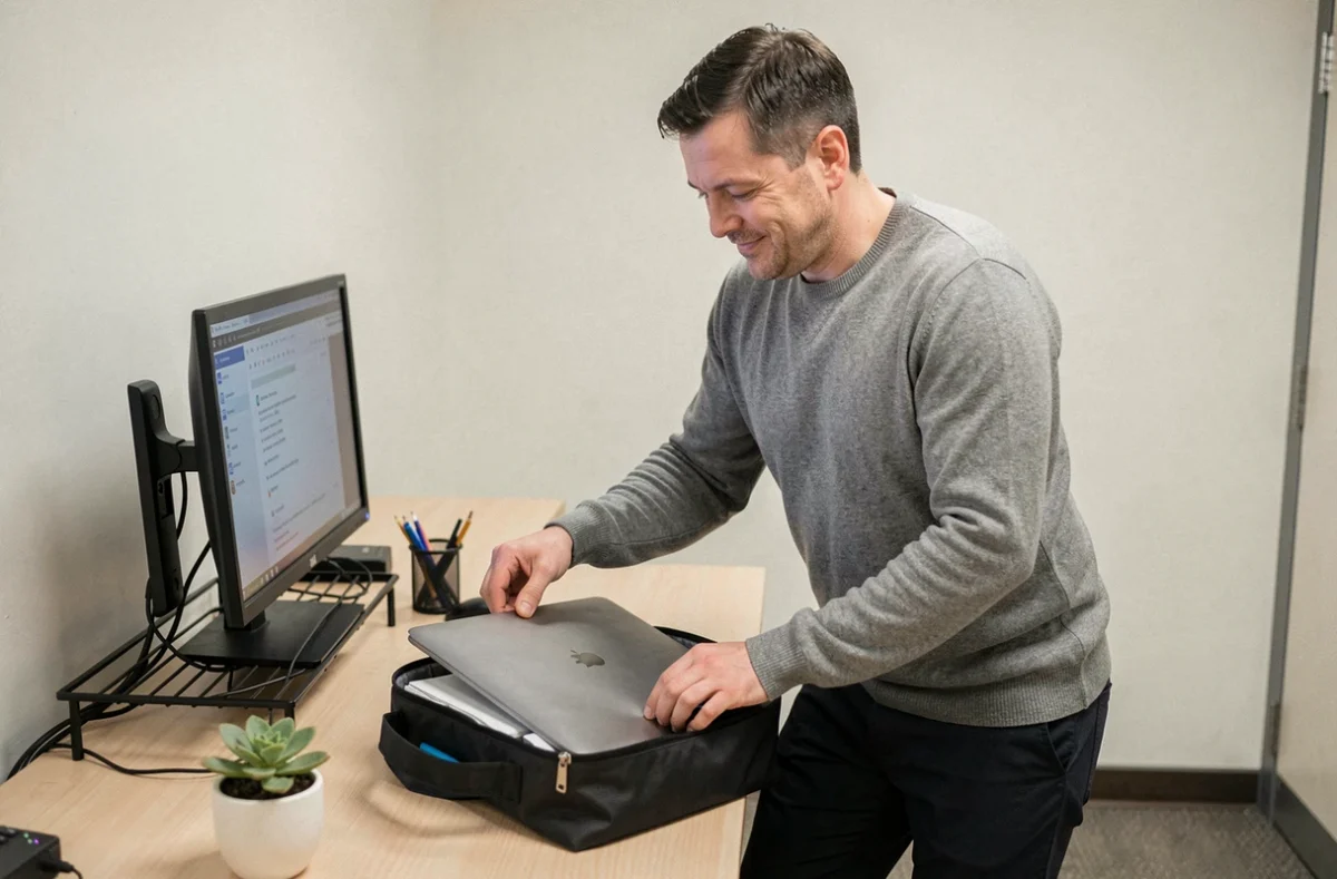 Entrepreneur s'installant dans un bureau meublé en location avec ordinateur portable et espace de travail prêt à l'emploi