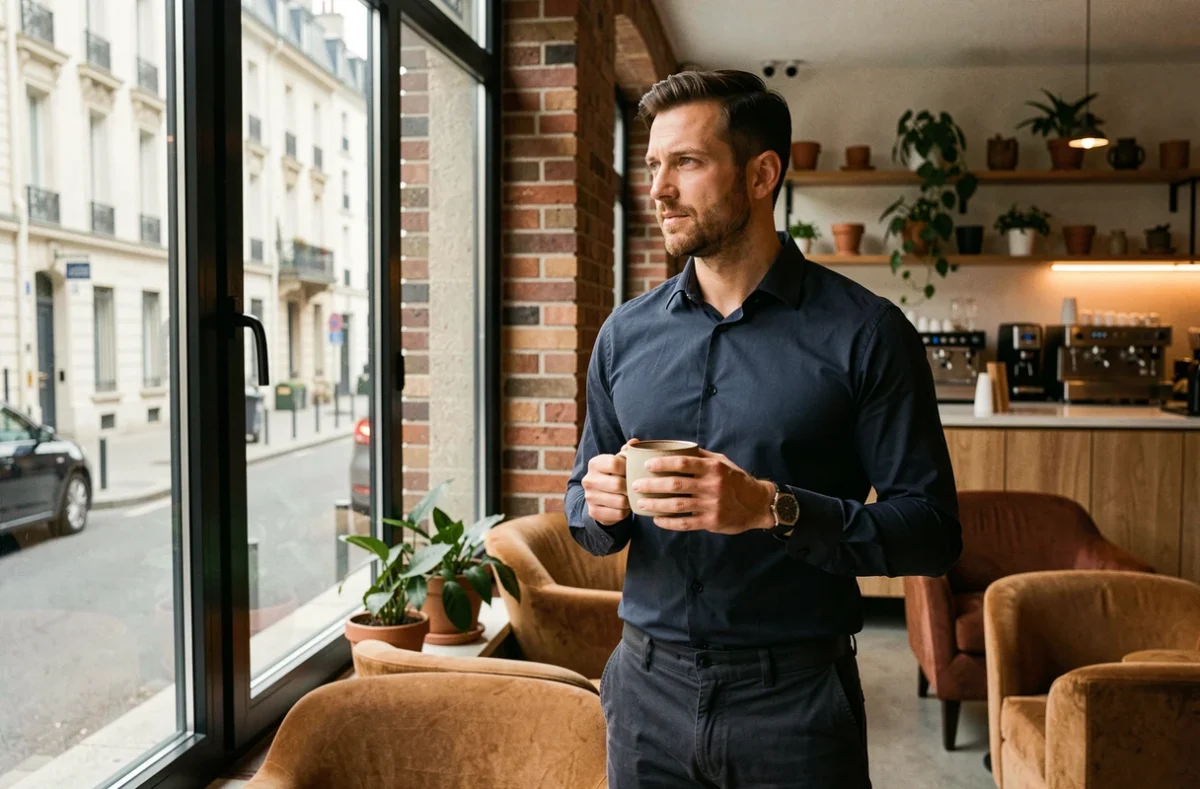 Entrepreneur en pause café dans le salon d'un coworking à Laval