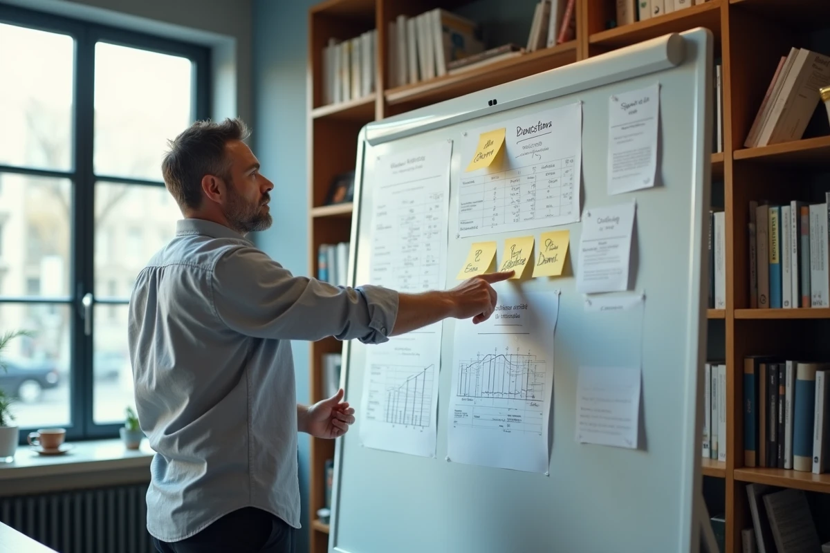 Entrepreneur planifiant sa stratégie pour obtenir des aides et subventions entrepreneur en 2026 devant un tableau blanc