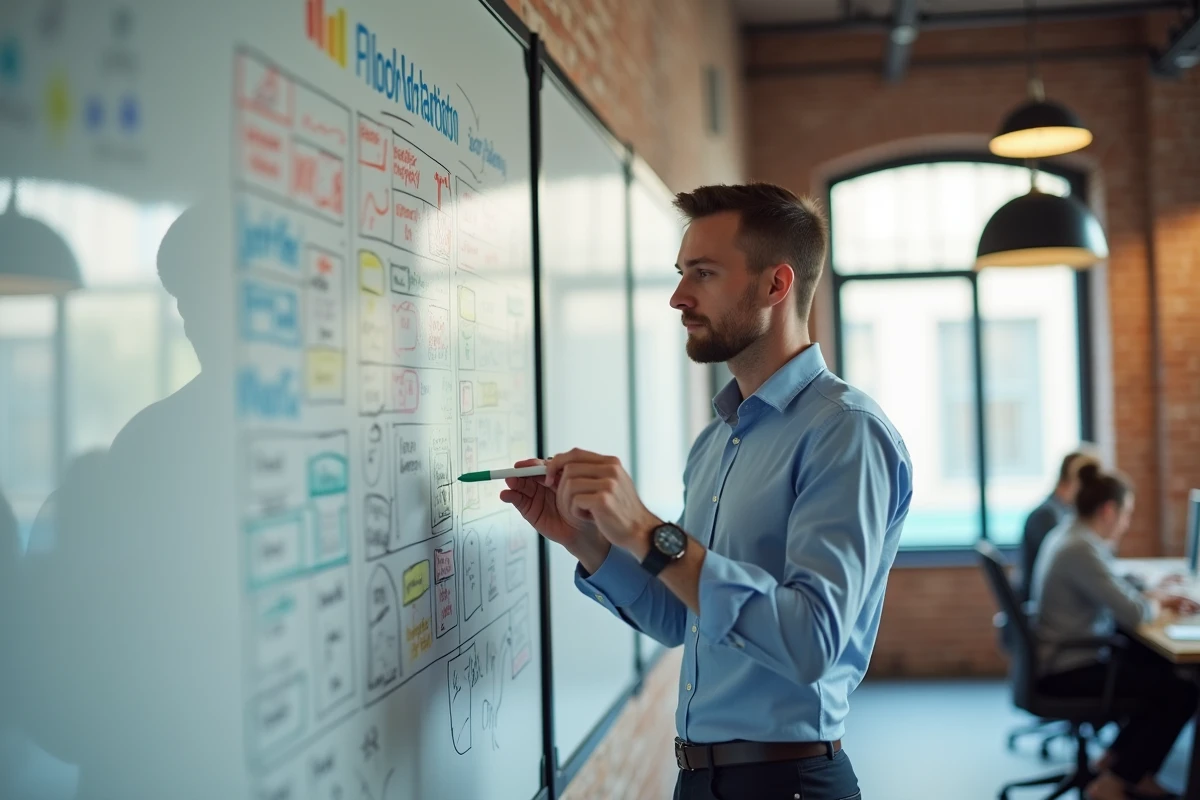 Entrepreneur masculin dessinant un diagramme de niche sur un tableau blanc dans un espace de co-working