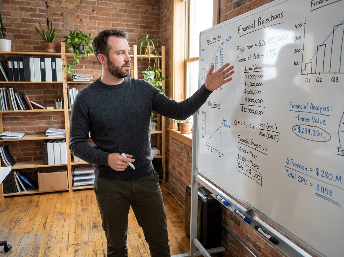 Entrepreneur analysant des formules d'évaluation d'entreprise sur un tableau blanc