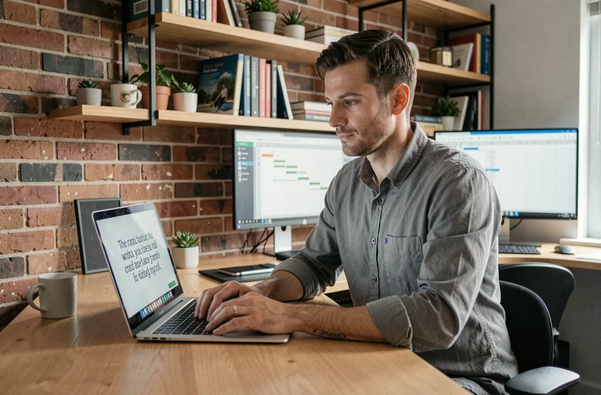Entrepreneur masculin travaillant sur un template de devis en ligne depuis son bureau à domicile