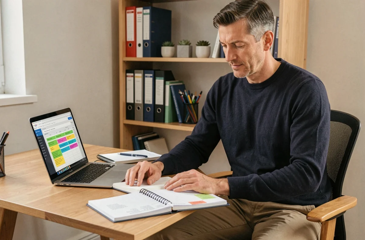 Chef d'entreprise TPE alignant deux agendas papier avec un outil de gestion de projet numérique sur ordinateur portable dans un bureau compact
