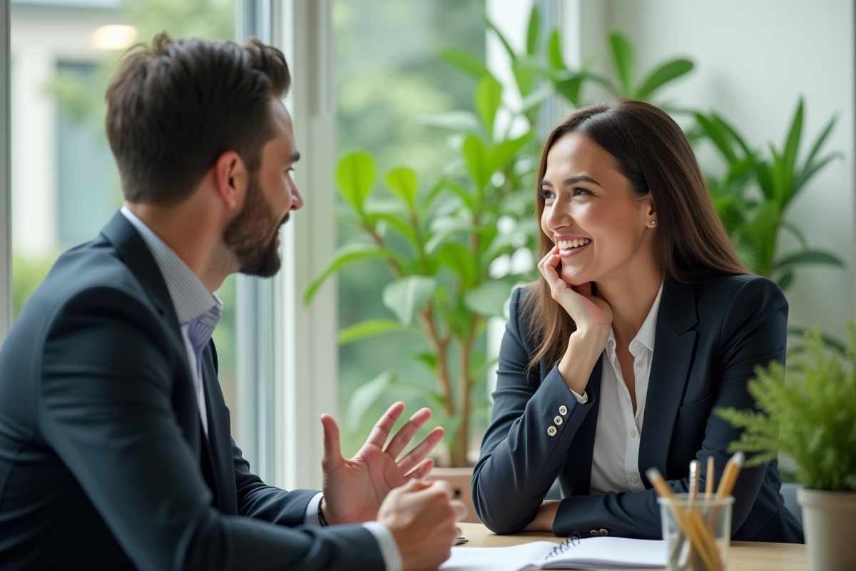 Manager discutant avec un employe dans un espace lumineux