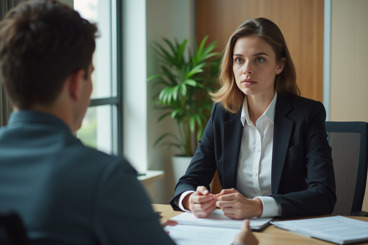 Jeune femme en discussion sérieuse avec son employeur