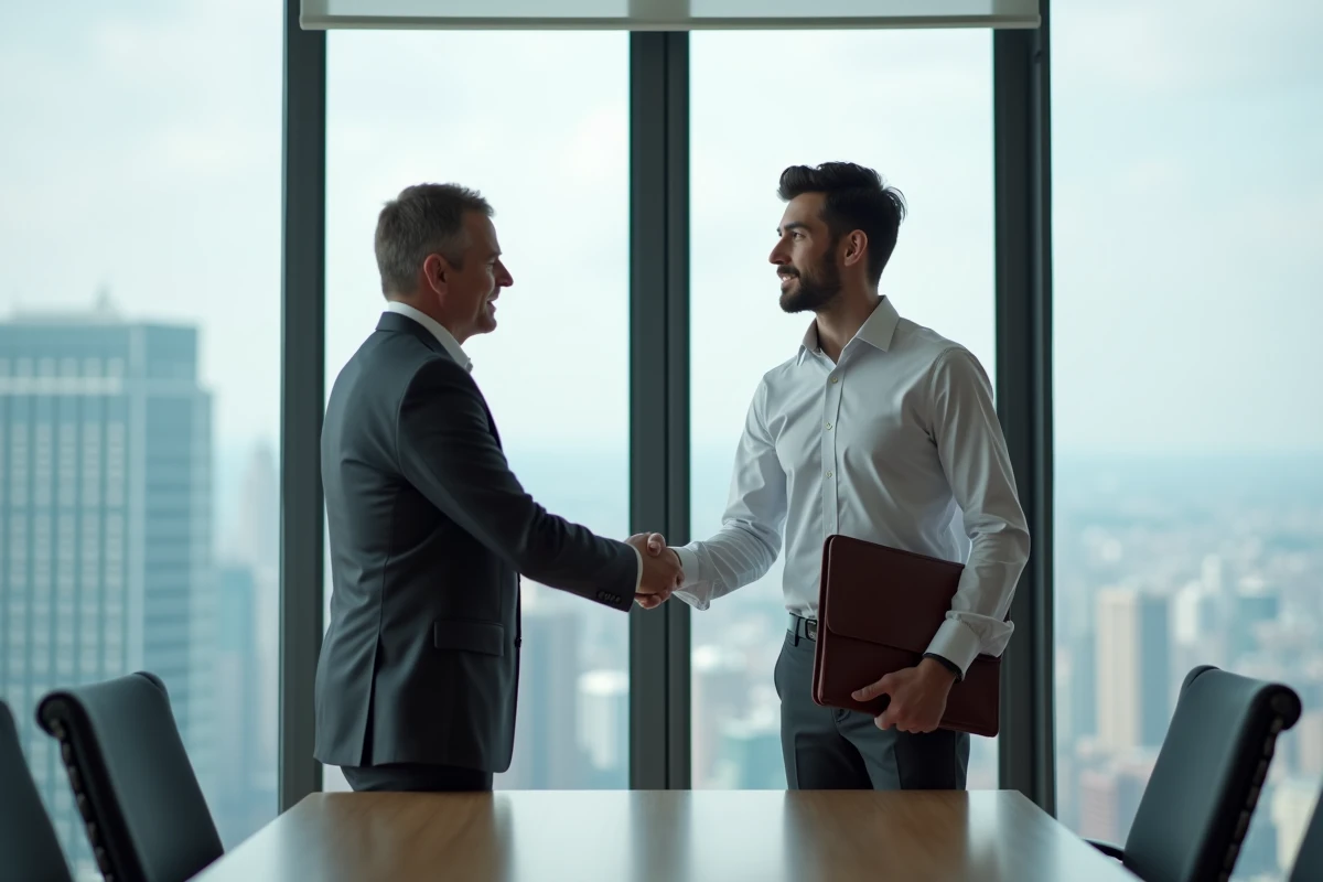 Étudiant en stage serrant la main d'un recruteur lors d'un entretien dans un cabinet d'audit Big 4 avec vue sur la ville