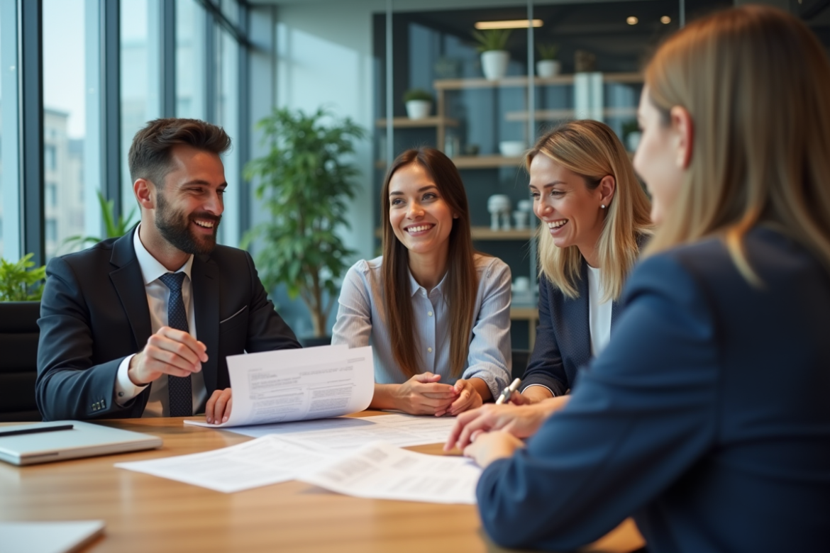 Groupe de professionnels en réunion dans une salle moderne