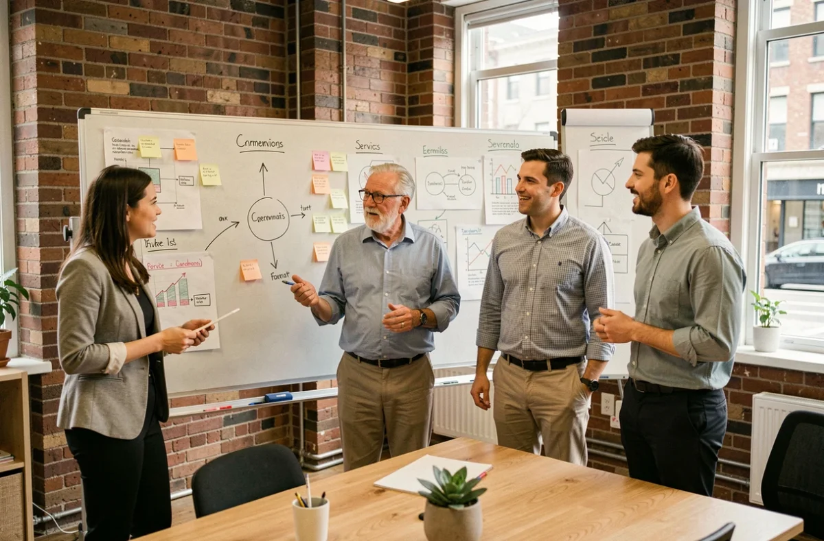 Équipe pluridisciplinaire travaillant sur une grille de lecture de la digitalisation lors d'un atelier de transformation des services en entreprise