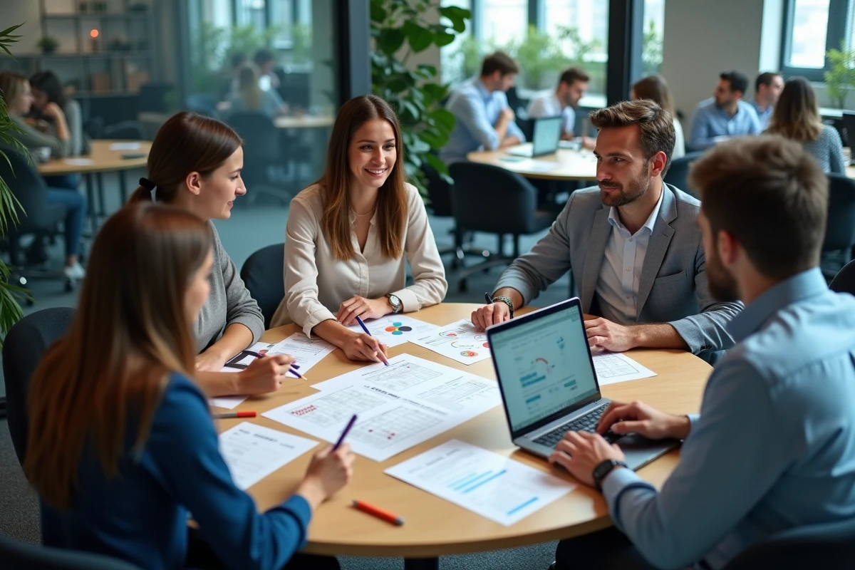 Équipe de professionnels collaborant autour d'une analyse SWOT et d'un plan d'action stratégique en salle de réunion