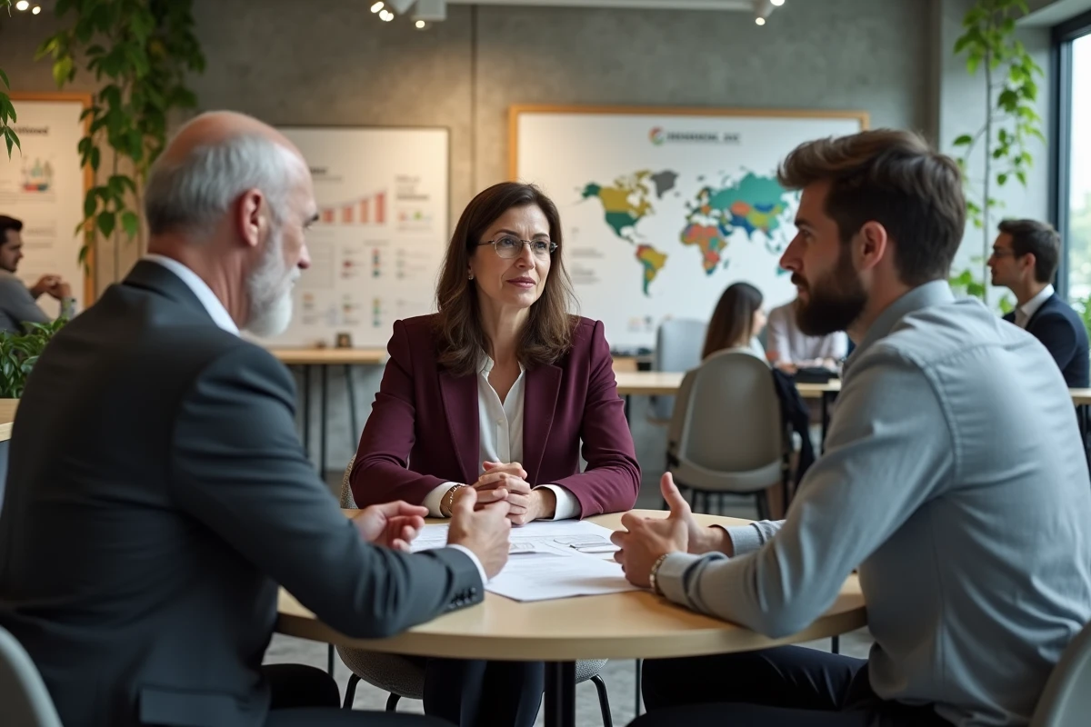 Équipe pluriculturelle discutant d'une stratégie de recrutement conformité pour une expansion internationale dans un espace de travail collaboratif