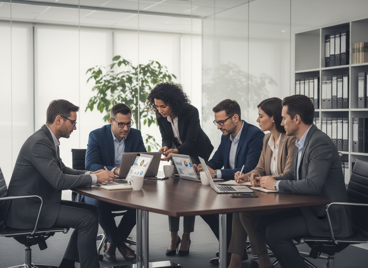 Groupe de professionnels collaborant autour d'une table avec tableaux digitaux