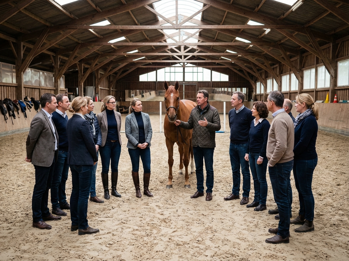 Groupe de cadres en activité de team building avec un cheval en intérieur