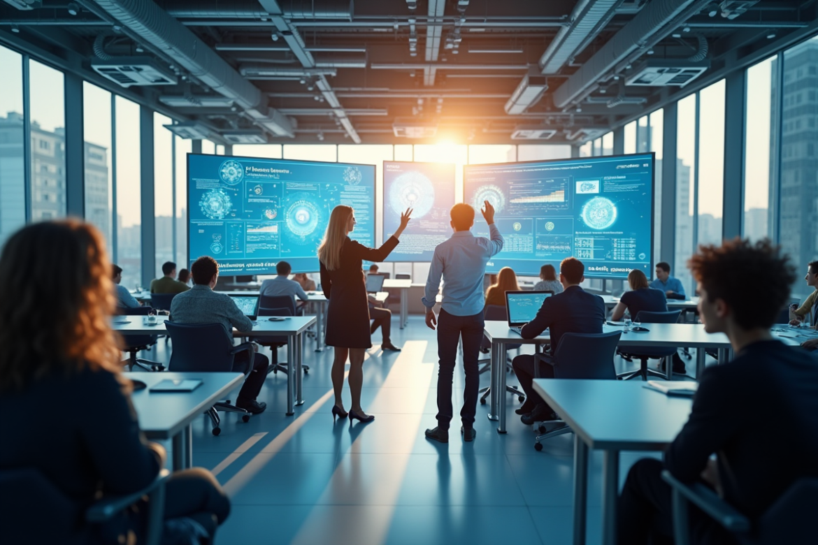 Espace de travail moderne avec équipe et technologie AI