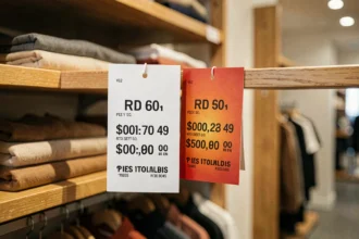 Deux étiquettes de prix côte à côte en boutique, l'une en noir et blanc et l'autre en couleur, posées sur une étagère en bois