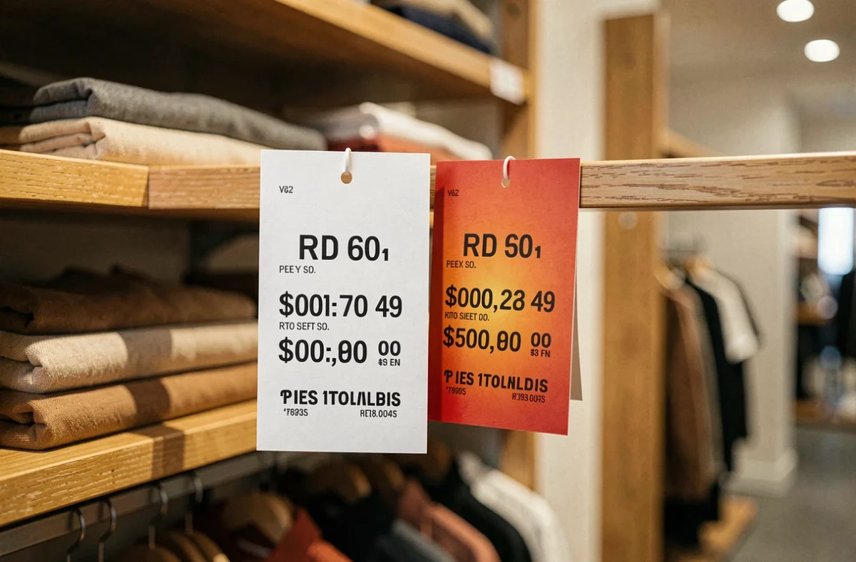 Deux étiquettes de prix côte à côte en boutique, l'une en noir et blanc et l'autre en couleur, posées sur une étagère en bois