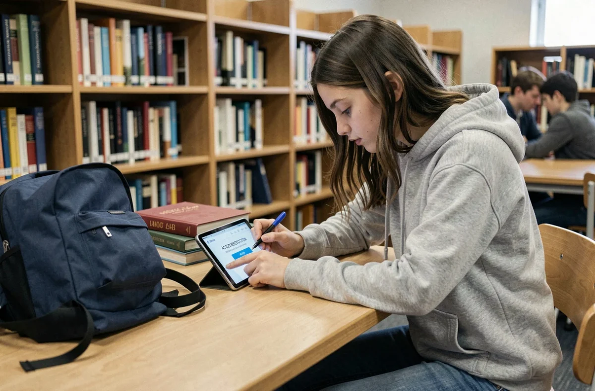 Adolescente dans une bibliothèque scolaire confrontée à une restriction d'accès internet sur sa tablette