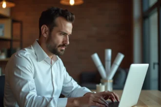Un homme évaluant les critères d'inscription sur une plateforme de construction en ligne depuis son bureau à domicile