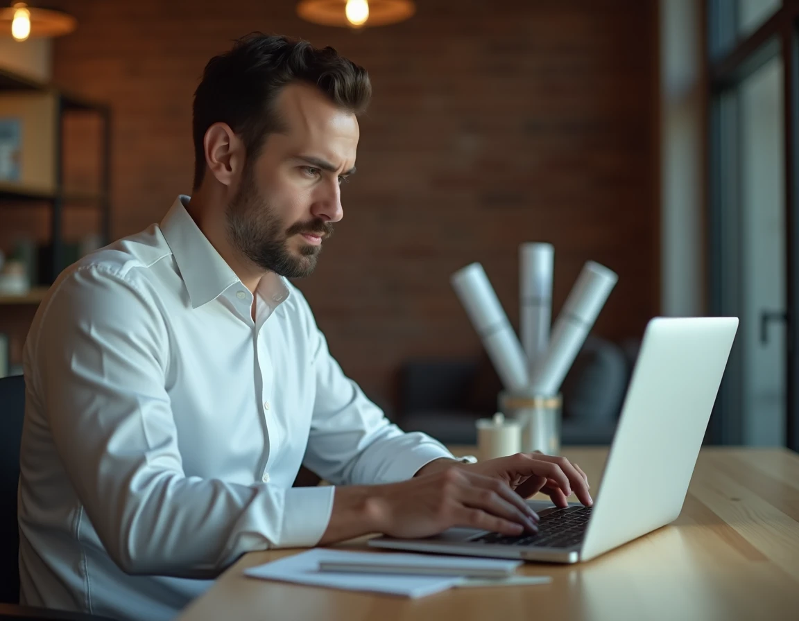 Un homme évaluant les critères d'inscription sur une plateforme de construction en ligne depuis son bureau à domicile
