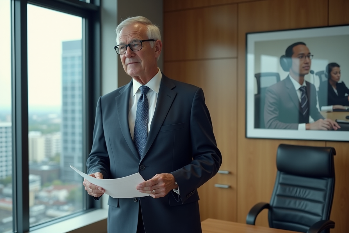 Homme executive dans une salle de réunion avec vue urbaine