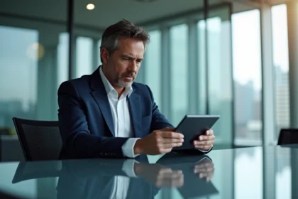 Homme d'affaires en costume bleu dans une salle de réunion moderne