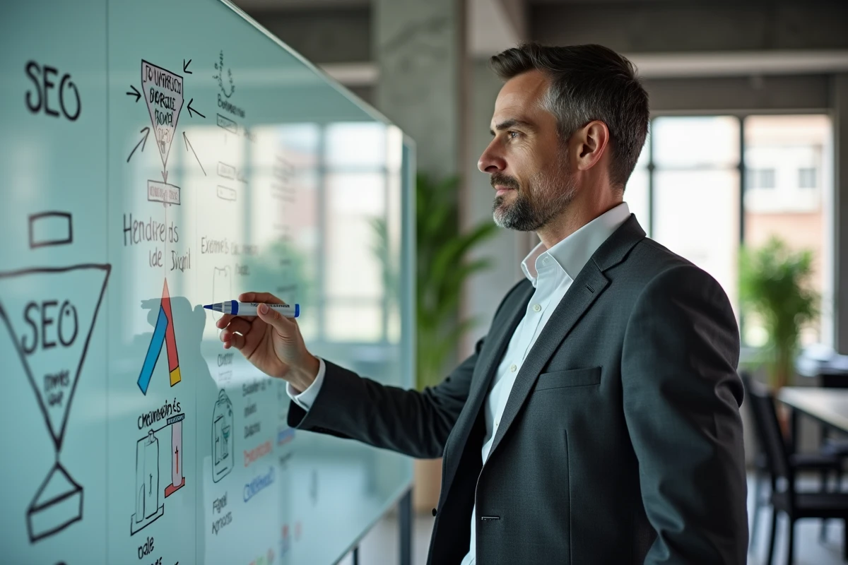 Expert SEO à Rennes présentant une stratégie de référencement local devant un tableau blanc dans un espace de coworking moderne