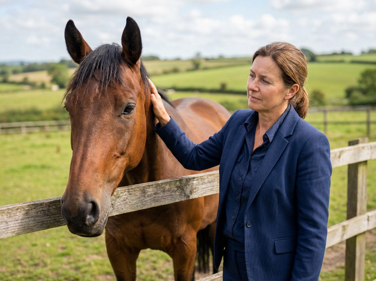 Femme d'affaires caressant un cheval calme en extérieur