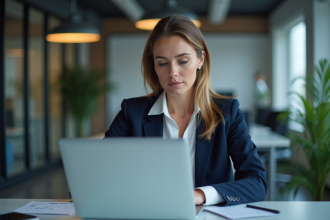 Femme d'affaires concentrée sur un tableau de bord numérique