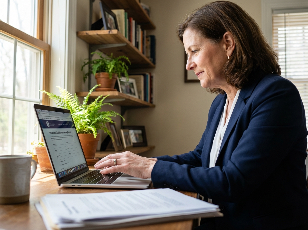 Femme d'affaires au bureau en pleine rédaction d'une assurance