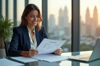 Femme d'affaires examinant un cas client imprimé dans un bureau moderne avec vue sur la ville, illustrant l'optimisation d'un site vitrine SaaS