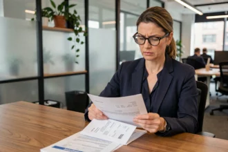 Femme d'affaires analysant des documents de domiciliation d'entreprise dans un espace de travail moderne
